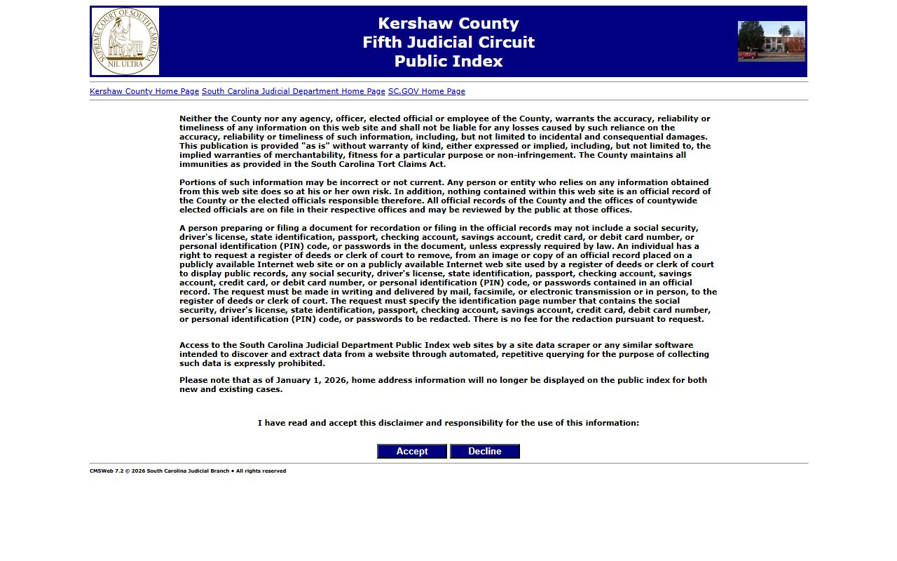 Kershaw County Public Index court records search interface after jail arrest