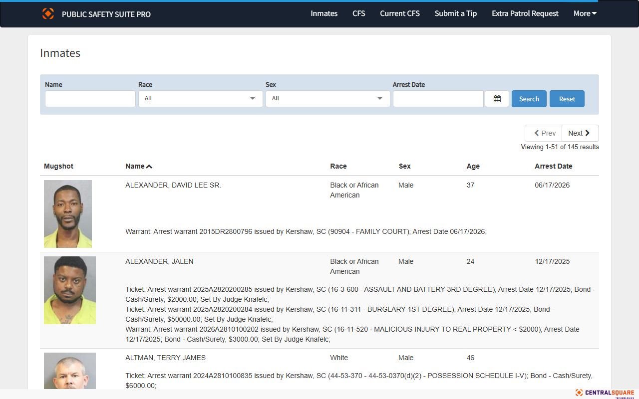 Kershaw County inmate population roster search fields